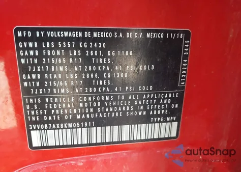 2019 Volkswagen Tiguan 2.0T S из США, поврежденный, VIN 3VV0B7AX8KM051911